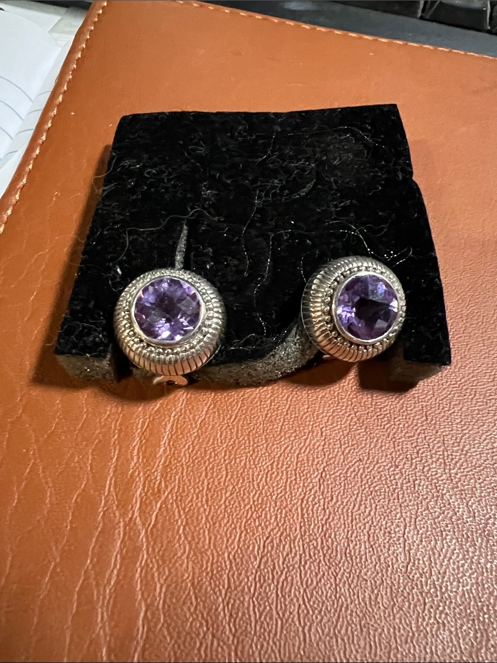 Judith Ripka Sterling and amethyst pierced earrings with safety back.